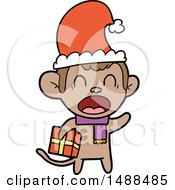 Poster, Art Print Of Shouting Cartoon Monkey Carrying Christmas Gift