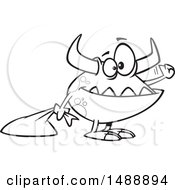 Clipart Of A Cartoon Lineart Halloween Trick Or Treating Monster Knocking Royalty Free Vector Illustration