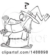 Clipart Of A Cartoon Lineart Witch Looking At A Tiny Broom Royalty Free Vector Illustration