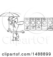 Cartoon Outline Weather Man Presenting A Forecast Of Sunny Days And Holding An Umbrella