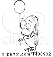 Clipart Of A Cartoon Lineart Monster Holding A Party Balloon Royalty Free Vector Illustration