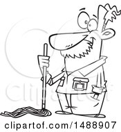 Cartoon Outline Caretaker Or Janitor Custodian Man With A Mop