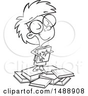Clipart Of A Cartoon Lineart Girl Hugging A Book On A Pile Royalty Free Vector Illustration by toonaday