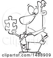 Clipart Of A Cartoon Lineart Business Man Holding A Puzzle Piece Royalty Free Vector Illustration
