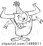 Clipart Of A Cartoon Lineart Monster Wearing A Party Hat And Welcoming Royalty Free Vector Illustration