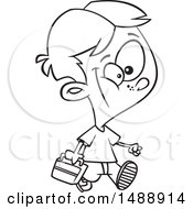 Clipart Of A Cartoon Lineart Boy Walking With A Lunch Box Royalty Free Vector Illustration by toonaday
