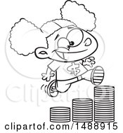 Poster, Art Print Of Cartoon Outline Girl Running Up A Stack Of Coins