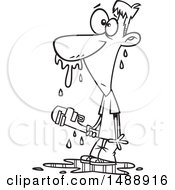 Clipart Of A Cartoon Lineart Man Covered In Water After Trying To Fix A Plumbing Problem Himself Royalty Free Vector Illustration by toonaday