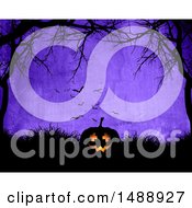 Poster, Art Print Of 3d Halloween Jackolantern Pumpkin On Grass Framed By Trees Over Purple