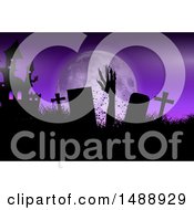 Clipart Of A Rising Zombie Hand In A Cemetery On Purple Royalty Free Vector Illustration