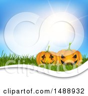 Poster, Art Print Of Sunny Sky And Halloween Jackolantern Pumpkins On Grass Background