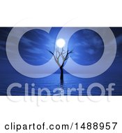 Clipart Of A 3d Dead Tree In Water Under A Full Moon Royalty Free Illustration