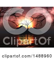 Clipart Of A 3d Silhouetted Tree On An Island At Sunset Royalty Free Illustration