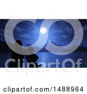 Clipart Of A Silhouetted Mother And Sun Sitting By The Ocean At Night Royalty Free Illustration