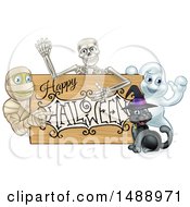 Poster, Art Print Of Happy Halloween Sign With A Witch Cat Ghost Skeleton And Mummy