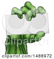 Clipart Of A Green Zombie Hand Holding A Blank Business Card Royalty Free Vector Illustration by AtStockIllustration