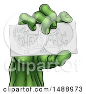 Clipart Of A Green Zombie Hand Holding A Happy Halloween Card Royalty Free Vector Illustration