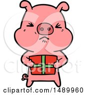 Poster, Art Print Of Cartoon Angry Pig With Christmas Present