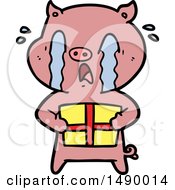 Poster, Art Print Of Crying Pig Cartoon Delivering Christmas Present