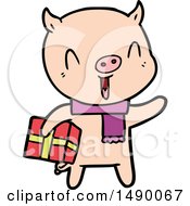Poster, Art Print Of Happy Cartoon Pig With Xmas Present