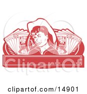 Pretty Cowgirl With A Mole Wearing A Hat And Standing Between Hands Of Playing Cards On A Red Banner Clipart Illustration