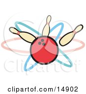 Red Bowling Ball Hitting Three Bowling Pins Clipart Illustration by Andy Nortnik
