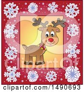 Clipart Of A Snowflake Border And Christmas Reindeer Royalty Free Vector Illustration