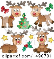 Clipart Of Red Nosed Christmas Reindeer Royalty Free Vector Illustration