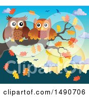 Poster, Art Print Of Pair Of Owls On An Autumn Branch