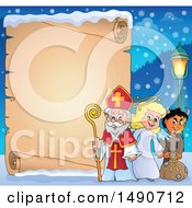 Clipart Of A Parchment Scroll With Sinterklaas With An Angel And Krampus Royalty Free Vector Illustration by visekart