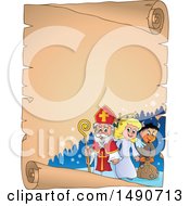 Clipart Of A Parchment Scroll With Sinterklaas With An Angel And Krampus Royalty Free Vector Illustration by visekart