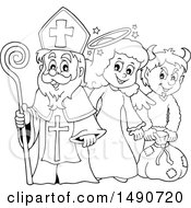 Sinterklaas With An Angel And Krampus In Black And White
