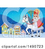 Clipart Of Sinterklaas On A Horse In A Town Royalty Free Vector Illustration