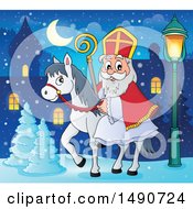 Clipart Of Sinterklaas On A Horse In A Town Royalty Free Vector Illustration by visekart