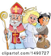 Clipart Of Sinterklaas With An Angel And Krampus Royalty Free Vector Illustration
