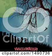Poster, Art Print Of Silhouetted Bare Tree And Bat Over A Cemetery With A Full Moon And Halloween Text