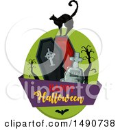 Poster, Art Print Of Black Cat On A Coffin With A Happy Halloween Banner