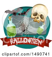 Clipart Of A Skull With A Spider Web Potion And Bats Over A Halloween Banner Royalty Free Vector Illustration