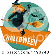 Clipart Of A Flying Witch With Bats And A Web Over A Halloween Banner Royalty Free Vector Illustration