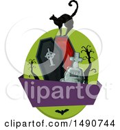 Poster, Art Print Of Black Cat On A Coffin With A Blank Banner