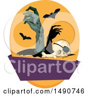 Clipart Of A Human Skull With Zombie Hands And Bats Over A Blank Banner Royalty Free Vector Illustration