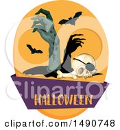 Clipart Of A Human Skull With Zombie Hands And Bats Over A Banner Royalty Free Vector Illustration