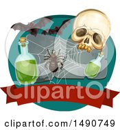 Poster, Art Print Of Skull With A Spider Web Potion And Bats Over A Blank Banner