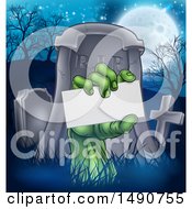 Poster, Art Print Of Rising Zombie Hand Holding A Blank Card In A Cemetery