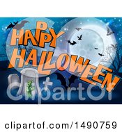 Clipart Of A Rising Zombie Hand In A Cemetery With Happy Halloween Text And Bats Royalty Free Vector Illustration