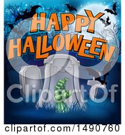Poster, Art Print Of Rising Zombie Hand In A Cemetery With Happy Halloween Text And Bats