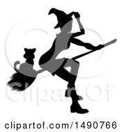 Poster, Art Print Of Silhouetted Witch Tipping Her Hat And Flying On A Broomstick With A Cat
