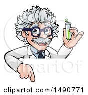 Poster, Art Print Of Cartoon Senior Male Scientist Holding A Test Tube Over A Sign