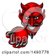 Grinning Evil Red Devil Holding Out A Cricket Ball In A Clawed Hand