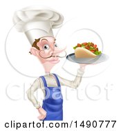 White Male Chef With A Curling Mustache Holding A Souvlaki Kebab Sandwich On A Tray
